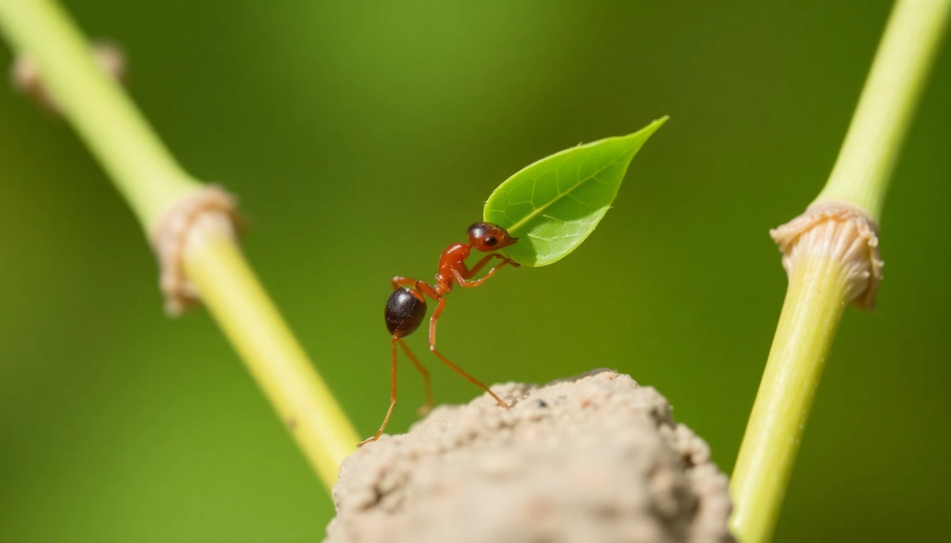صورة لنملة صغيرة تحمل ورقة خضراء