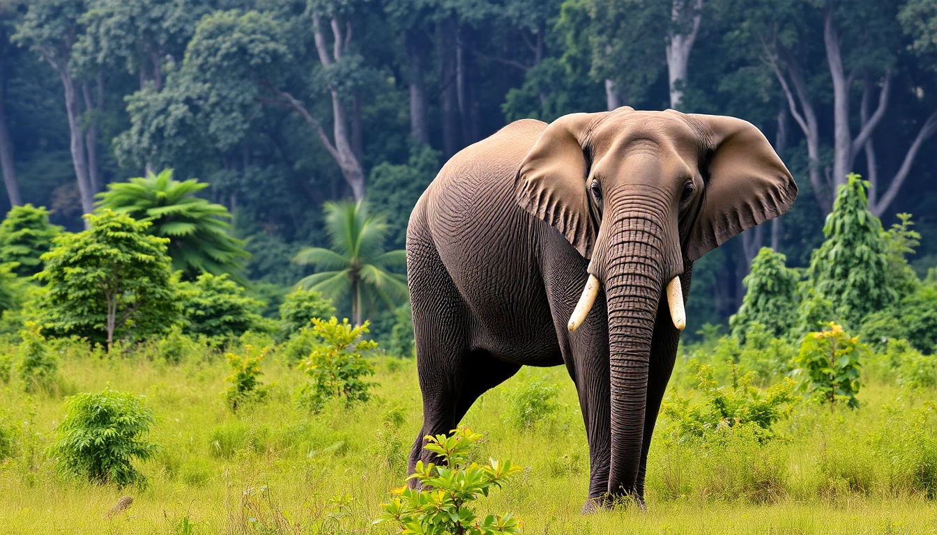 صورة لفيل كبير رمادي اللون يقف وسط غابة خضراء