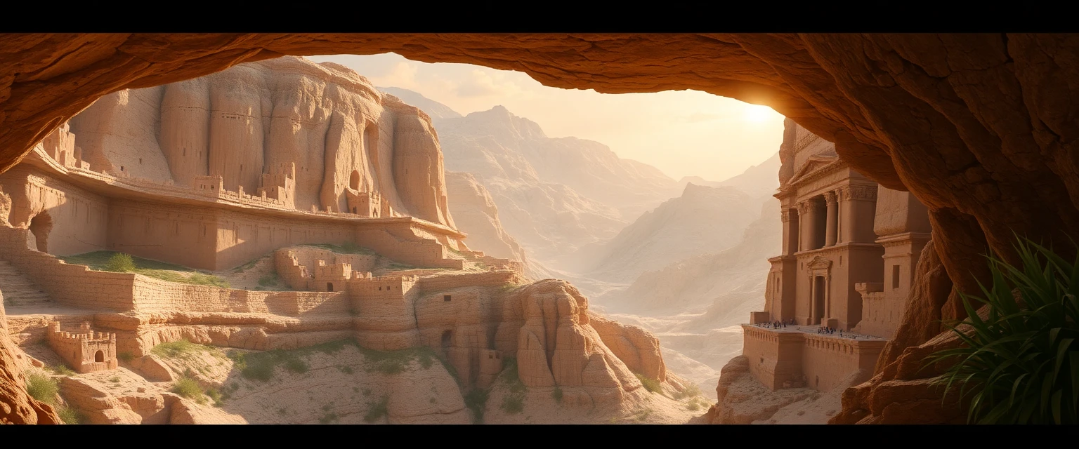 صورة تخيلية لقوم ثمود، رسم رقمي لمساكن منحوتة في الجبال