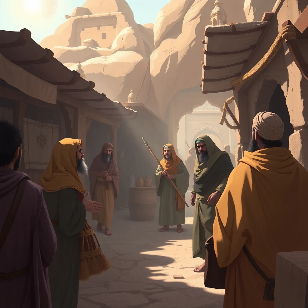 صورة تخيلية لقوم شعيب، رسم رقمي لسوق قديم