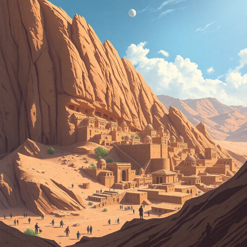 رسم تخيلي لمدينة ثمود القديمة، تظهر المساكن المنحوتة في الجبال