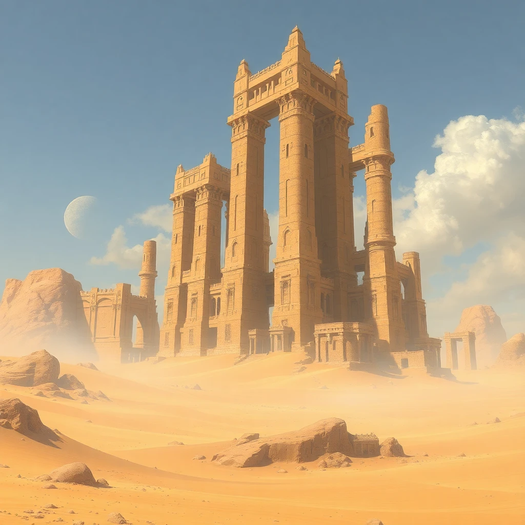 رسم تخيلي لمدينة قوم عاد، تظهر مباني ضخمة وسط الصحراء