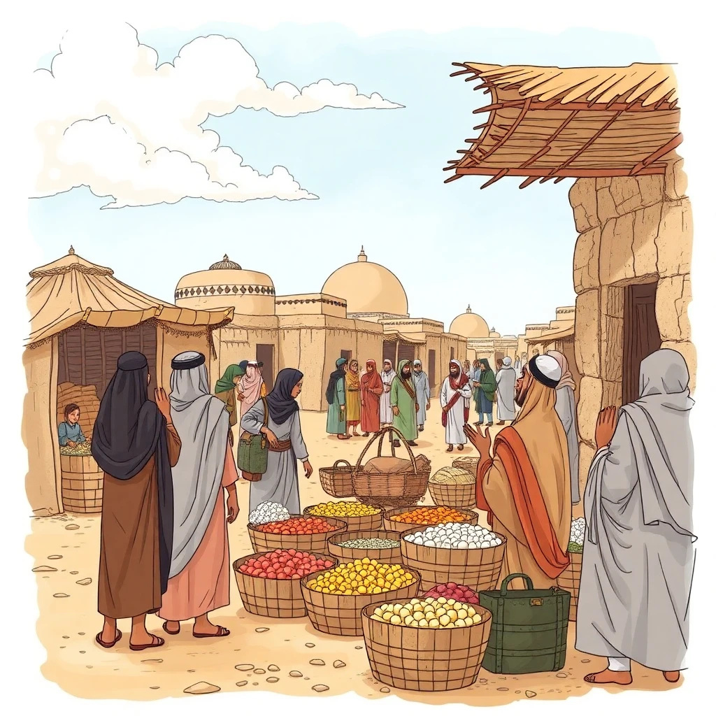 رسم توضيحي لقوم مدين في السوق يتعاملون بالتجارة